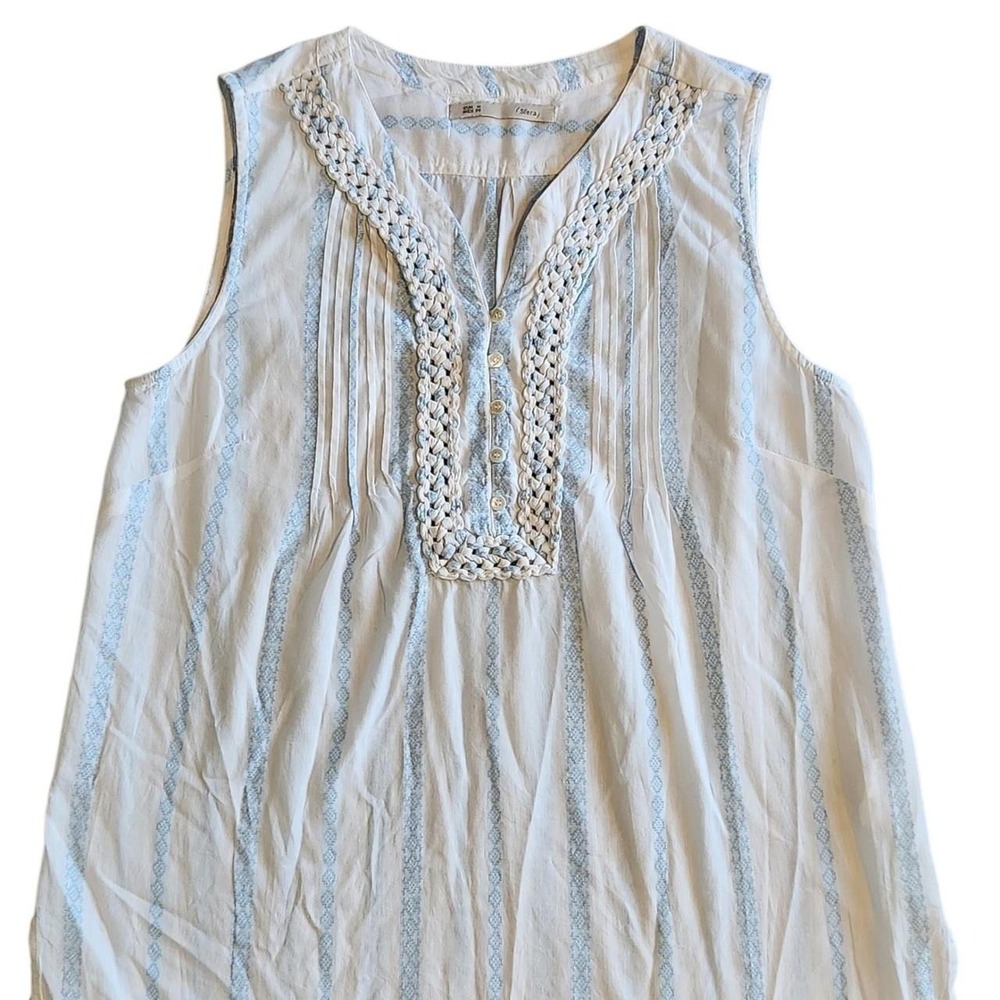 Sfera Crochet Striped Cotton Blouse Sleeveless Boho Blue White Top Mens M